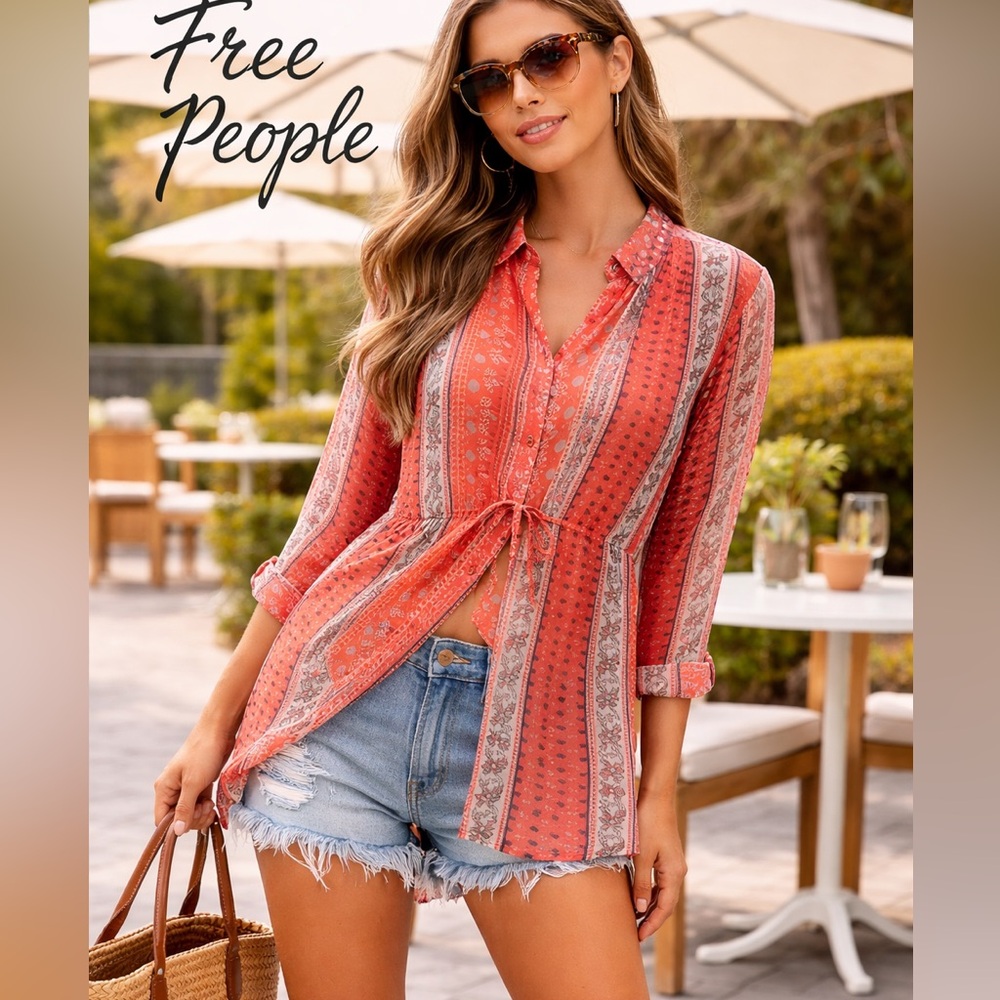 Free People Coral Boho Floral Tie Back Blouse Tunic Long Sleeve Top Size L